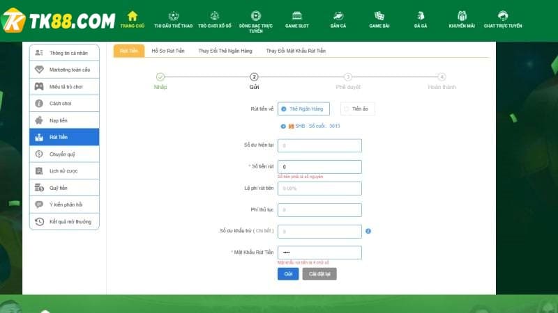 Hướng dẫn rút tiền TK88